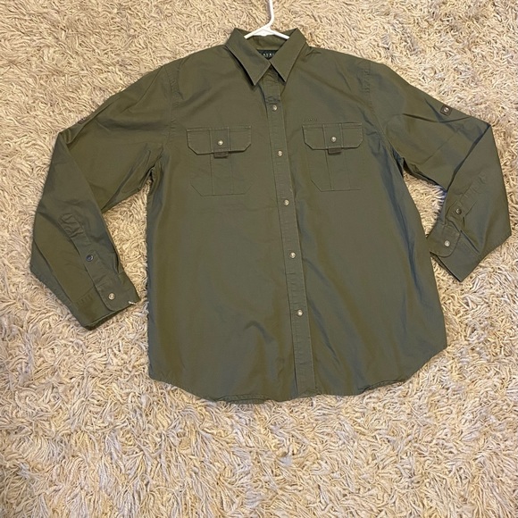 LAUREN RALPH LAUREN Women’s Army Green Double Pocket Safari Snap-Front, L - Picture 1 of 10